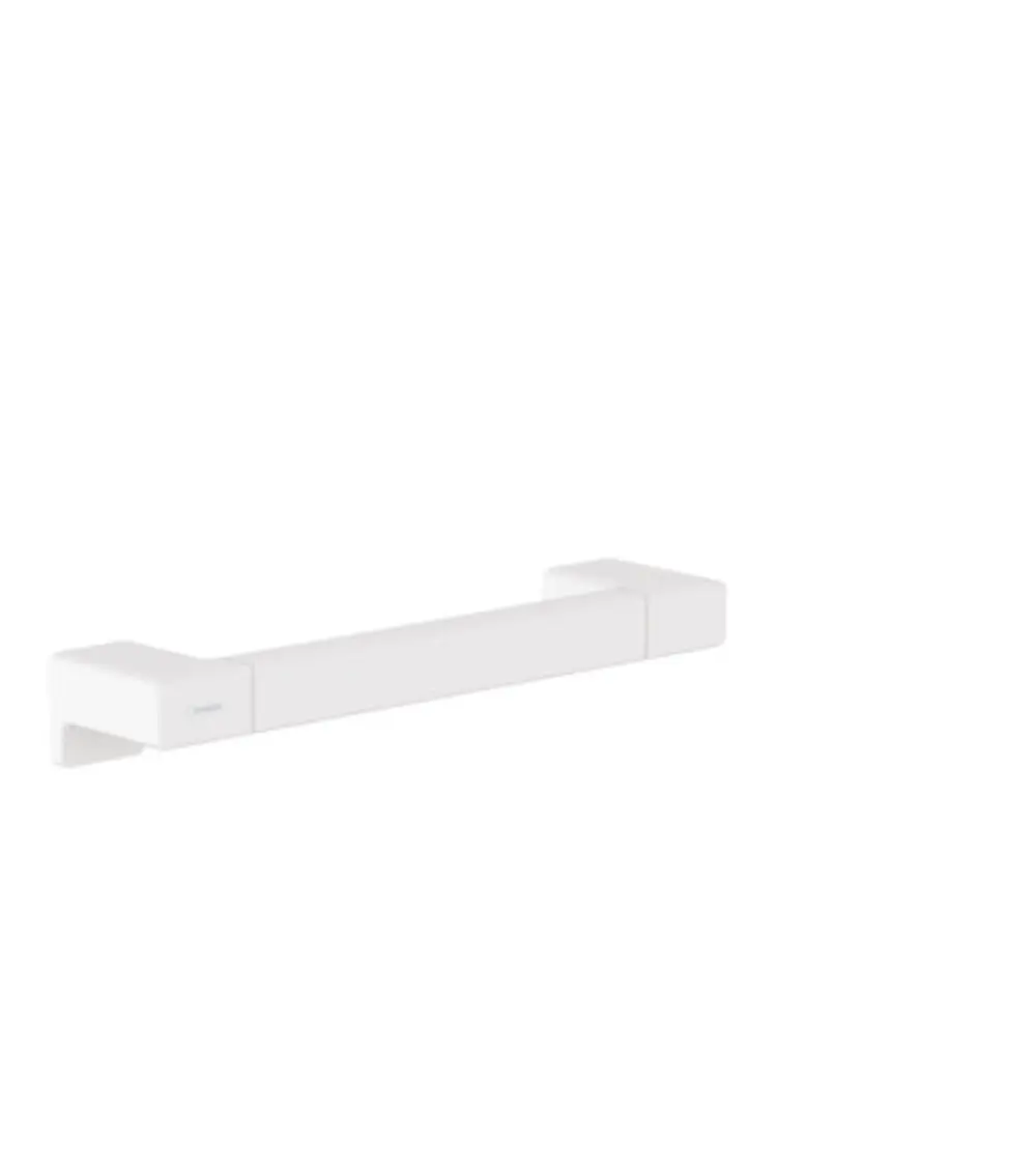 Hansgrohe Haltestange in mattem Weiß mit rechteckiger Form und abgerundeten Ecken, montiert an einer Wand in einem hellen Raum.